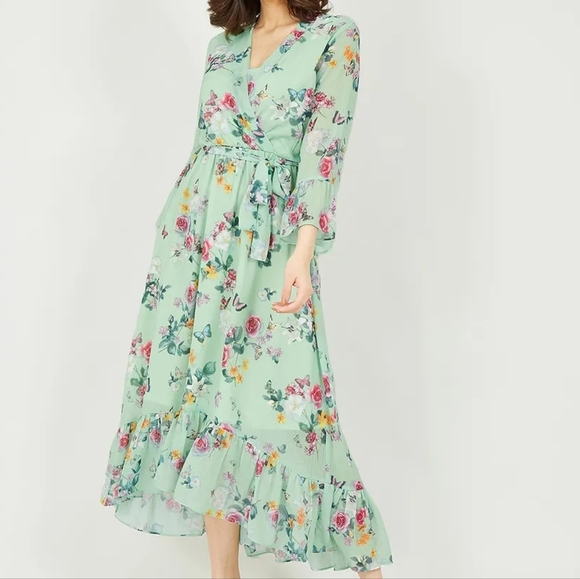Kate & Lily Floral Print Garden Boho  Feminine Maxi Belted Light Green Dress 6 - Picture 1 of 16